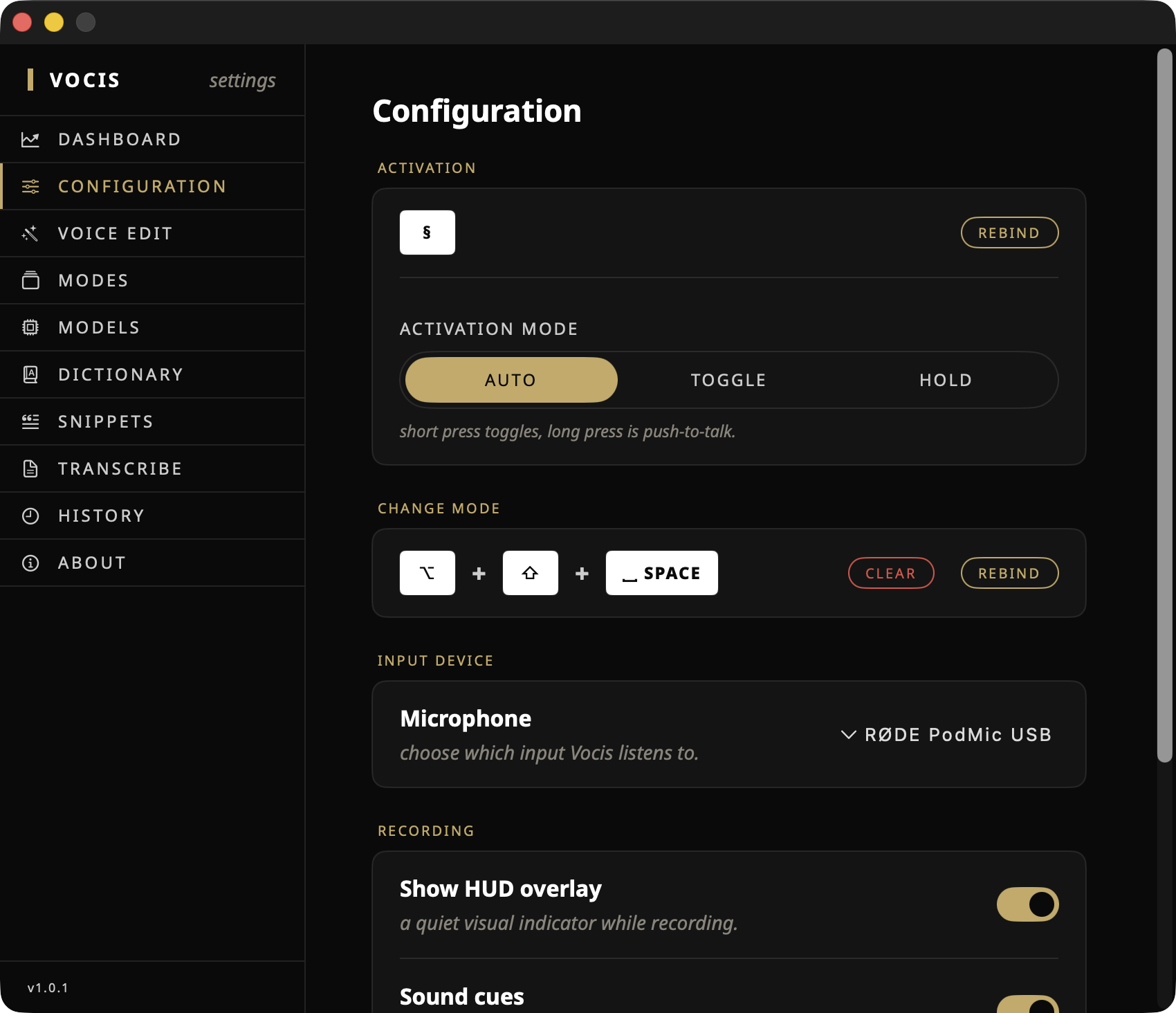 Vocis configuration screen with recording hotkey, activation mode, change-mode hotkey, and microphone selection
