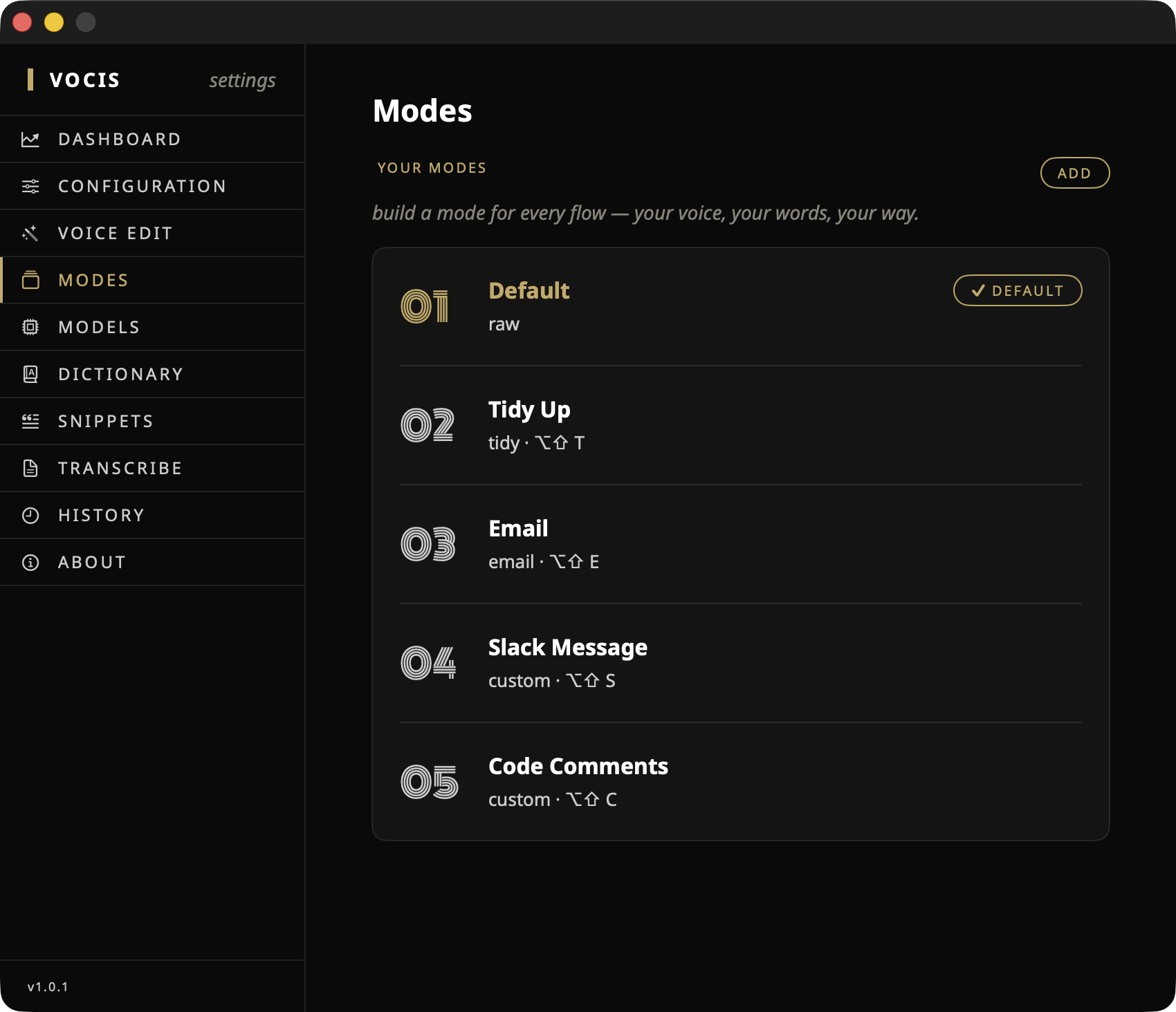 Vocis Modes screen showing Default, Tidy Up, Email, Slack Message, and Code Comments modes