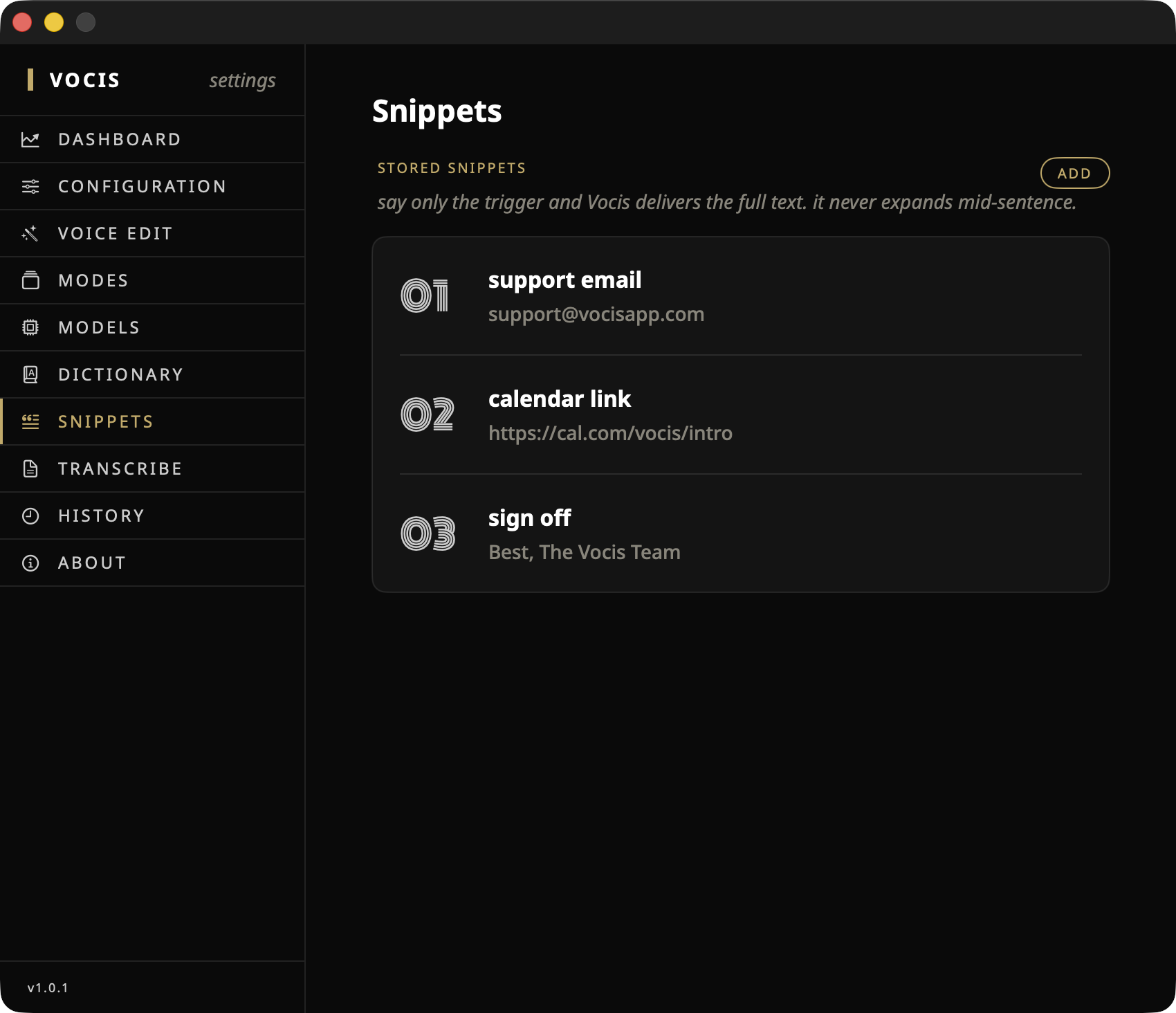 Vocis Snippets screen with reusable spoken triggers and their expanded text
