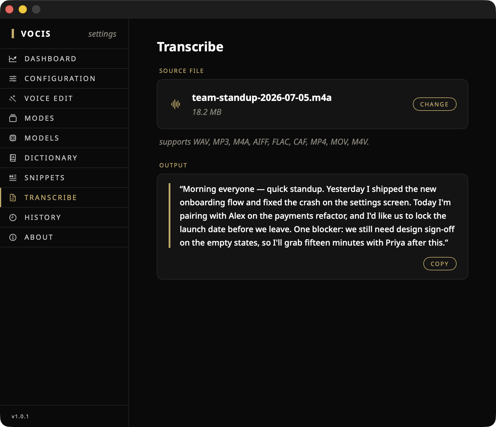 Vocis file transcription screen showing a selected recording and completed transcript