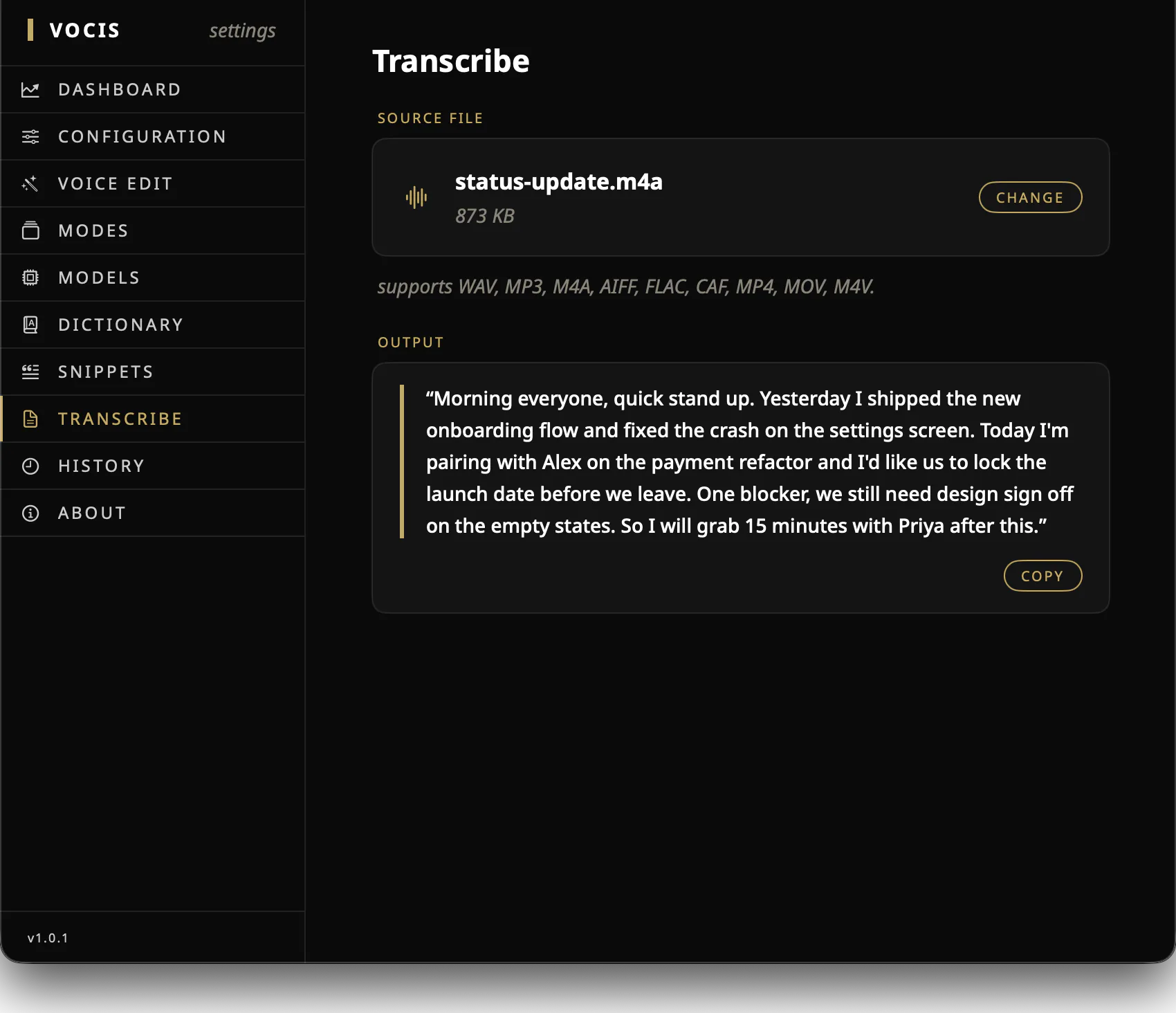 Vocis transcription screen showing local file transcription on a Mac